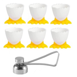 LATRAT Egg Cup Egg Opener Set, 6 Pieces Egg Stand + 1 Piece Stainless Steel Egg Opener, Cartoon Egg Stand Egg Cup Children Breakfast Egg Cup Egg Holder Egg Stand in Kitchen for Boiled Eggs, Yellow-2