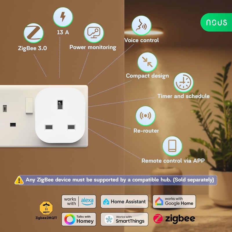 ZigBee Smart Plug 13A UK(ZigBee Hub Required) with Energy Monitoring,