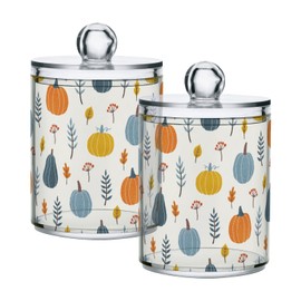 Gredecor 2 Pack Apothecary Jars with Lid Colourful Pumpkins Leaf Qtip Holder Dispenser Storage Containers Clear Plastic Rustic Fall Autumn Thanksgiving Canisters for Bathroom Vanity Organization