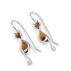 HENRYKA Sterling Silver Tabby Cat Hook Earrings | Sterling Silver & Tiger's Eye Cat Silhouette & Curly Tail Earrings | Boho Style Colourful 3D Earrings & Jewellery Gift for Girls & Women