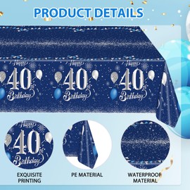 Xiliconie 3PCS Blue and Silver 40th Birthday Decorations Tablecloth 40 Years Old Birthday Party Decorations Cheers to 40 Years Plastic Disposable Rectangular Table Cloth Decor for Men Women
