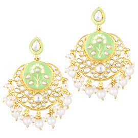 Aheli Beautiful Wedding Party Wear Faux Kundan Studded Enamel Chandbali Earrings with Beaded Tassels Indian Ethnic Traditional Fashion Jewelry Gift for Women Mint