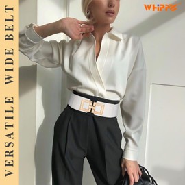 WHIPPY Wide Belts for Women Fashion Elastic Belt for Dresses Vintage Waist Belt Ladies Stretchy Belt Gold Buckle,White 39 Inches