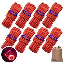 DaLaCa Paracord Tent Rope, Tarp Rope, Guy Rope, Includes Reflective Materials, Thickness, 0.2 inches (5 mm), Length 16.4 ft (4 m), 6 Pieces/8 Pieces, 10 Pieces, Load Capacity 770.2 lbs (350 kg), Includes Storage Bag, Rope Light (8 Red + 8 Lights)