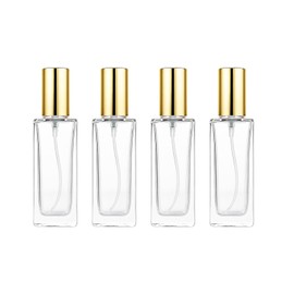 4Pcs 30ml Clear Square Glass Spray Bottle with Gold Cap Refillable Perfume Atomizer Travel Size Empty Fine Mist Spray Bottle for Essential Oils, Cologne, Skincare, DIY Aromatherapy
