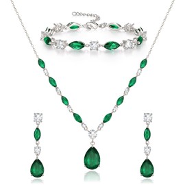Crysdue Women's Jewelry Set for Bridal Bridesmaid, Silver Plated Stunning Marquise Teardrop Emerald Cubic Zirconia Pendant Necklace Dangle Earrings Link Bracelet Set for Wedding Day/Prom/Party/Pageant