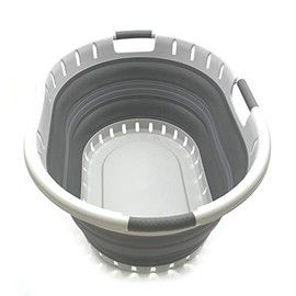 SAMMART 57L (15 Gallons) Collapsible 3-Handled Plastic Laundry Basket - Oval Tub - Portable Washing Tub-Space Saving Laundry Hamper (1 pc - Oval, Dark Grey)