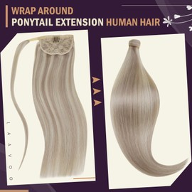 LaaVoo Pony Tail Extensions Real Human Hair 18 Inch 80g Highlight Ash Blonde & Platinum Blonde Remy Straight Ponytail hair Extensions #18/613
