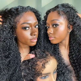 Qmaple 4C Edges Kinky Curly Lace Front Wigs Human Hair 13x4 HD Transparent Lace Frontal Wigs with Curly Edges Baby Hair 200% Density Deep Wave Curly Wig Pre-Plucked Hairline 26Inch