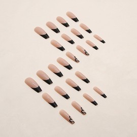 24pcs French Tip False Nails Extra Long Coffin Press on Nails Black Heart Fake Nails Stick on Nails Removable Glue-on Nails Full Cover Fake Nails Women Girls Nail Art Accessories