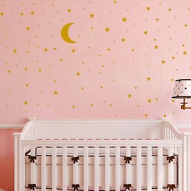 Moon and Stars Wall Decal Vinyl Sticker, Removable Children Kids Art DIY Sticker Mural for Boy Girls Baby Room Decoration Good Night Nursery Wall Decor Home House Bedroom Design (Golden)
