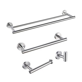 KLXHOME Bathroom Accessories Set 4-Piece Bath Hardware Kit Brushed Stainless Steel Wall Mount - Includes Double Towel Bar, Hand Towel Rack, Toilet Paper Holder, Robe Hook, BS01N4