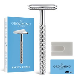 Maquinilla de afeitar de seguridad de doble filo de The Grooming Society con mango cromado y cubierta de silicona y 10 hojas