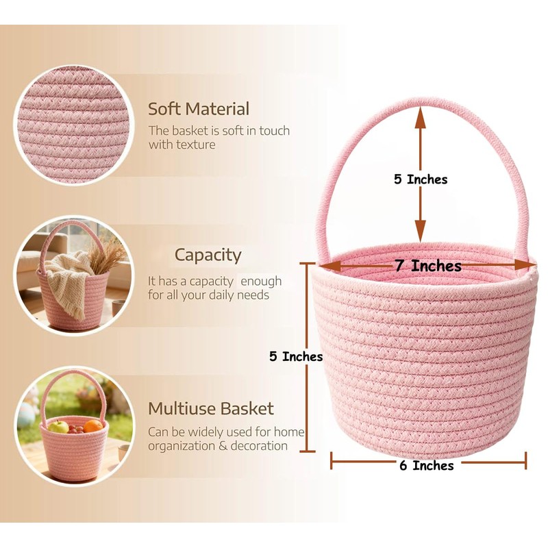 Prudance Small Cotton Woven Handle Basket, 6" x 5", Pink,Favors