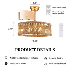 OPKMB 20 inch Gold Semi Flush Mount Rattan Ceiling Fan Light Fixture, Drum Shade with 7 Transparent Blades,Remote Control, E26 Base, Reversible Motor, Farmhouse Boho Style