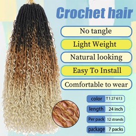Blonde Ombre Goddess Locs Crochet Hair 7-Pack Pre Looped Braiding Hair 84 Strands Bohemian Faux Loc Boho Braids River Locs Dreadlocs Hair for Black Women (T1/27/613, 24 Inch(Pack of 7))
