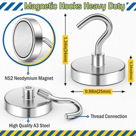 FINDMAG Magnetic Hooks Heavy Duty, N52 Strong Rare Earth Magnetic Hooks for Hanging, Neodymium Magnet with Hooks for Refrigerator, Home, Kitchen, Office, Cruise (Silver, 6 Pack, 80lbs)