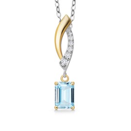 Gem Stone King 925 Silver and 10K Yellow Gold Gemstone Birthstone and White Lab Grown Diamond Pendant Necklace for Women | Emerald Cut 6X4MM | With 18 Inch Chain