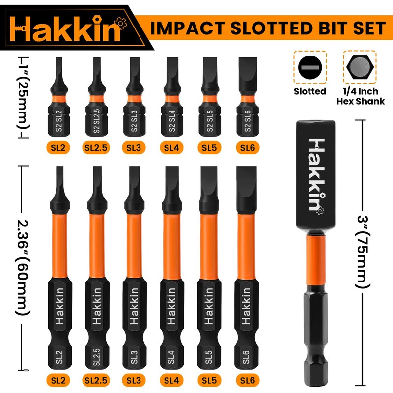 Hakkin 13Pcs Slotted Tip Screwdriver Bits S2 Steel Flat Head