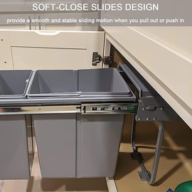 Nisorpa 40 Liter / 10.6 Gallon Dual Pull Out Trash Cans Under Cabinet Counter/Sink with Lid - Commercial Garbage Can Recycling Container Kitchen Waste Bins - Soft-Close Slides Out & Fixable Base, Gray