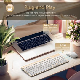 J JOYACCESS Wireless Keyboard and Mouse Combo, Ergonomic and Quiet Wireless Keyboard and Mouse Set, Portable and Customizable DPI for Laptop, Computer and PC(Gold Silver)