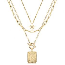 MJartoria Layered Initial Necklaces for Women Trendy, 14K Gold Plated Simple Star Choker Square Letter Pendant Necklace, Paperclip Chain Necklace, Gold Necklaces Jewelry Gifts (Gold, N)