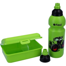 Fizzii Drinking Bottle 600 ml + Lunch Box with Fruit / Vegetable Compartment (Non-Toxic, Dishwasher Safe, Tractor)