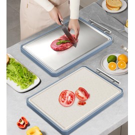 LOZOVIN Double-Sided Titanium&Wheat straw PP Cutting Board,Large Chopping Board for kitchen,Non Toxic Cutting Board for Meat and Vegetables,Blue Grey,16"*11"