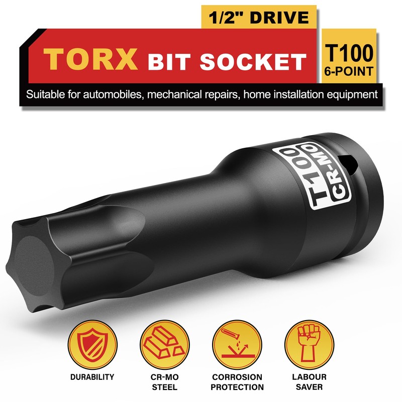 KIRXST 1/2" Drive T100 Torx Bit Socket, 6 Point Star