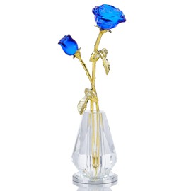 YWHL Crystal Blue Rose Flower Figurine Long Stem with Crystal Vase, Rose Bouquet Gifts for Sister Mom Women on Mother's Day Birthday Anniversary, Glass Flowers Ornament Home Table Wedding Decor