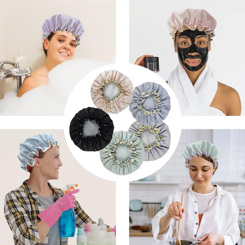 2 Pack Shower Caps, Elastic and Reusable Bonnet, Double Waterproof