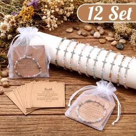 Kingdder 12 Set Christian Cross Bracelets for Women Bulk Adjustable Natural Stone Cross Beads Faith Bracelet Gifts for First Communion Confirmation Birthday Church Groups Gifts(Chain)