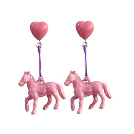 Cute Pair of Pink Pony Style Earrings for Concert Goers, Music Fans, Pony Lover. Pink Colored Horse Earrings with Purple Paperclip and Heart Stud Design, Large, Acrylic, No Gemstone