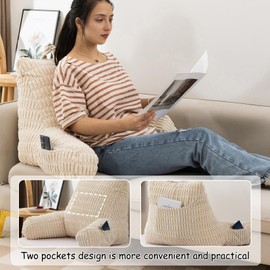 Btargot Corduroy Reading Pillow Bed Wedge Large Adult Backrest Lounge Cushion with Arms | Back Support for Sitting Up White