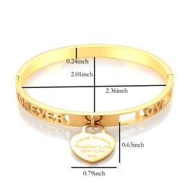 Gold Engraved Bangle Bracelets for Women with Dangling Heart, 6.5 inches Stainless Steel Dainty Stackable Elegant Bangle Jewelry (gold)