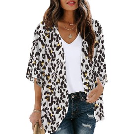 Chunoy Women Leopard Printed Lightweight Kimono Cardigan Half Sleeve Shawl Chiffon Beach Wear Cover Up Snow White Large