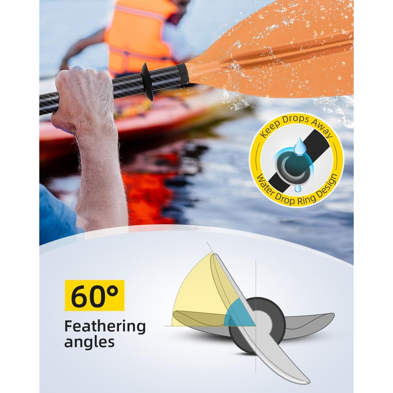 OCEANBROAD Adjustable Carbon Fiber Kayak Paddle 86in/220cm to 94in/240cm Kayaking