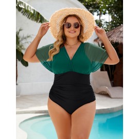 Blooming Jelly Women's Plus Size Swimsuit One Piece Tummy Control Bathing Suit Modest Striped V Neck Swim Suit 2025（Green Black, 4X-Large