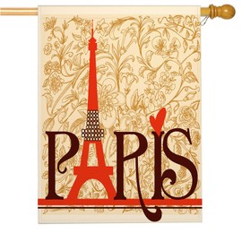 Mugod Eiffel Tower Decorative House Flag Double Sided 28 x 40, Paris Lettering Vintage Floral Background Large Burlap Outdoor Flag Garden Yard Outside Decoration