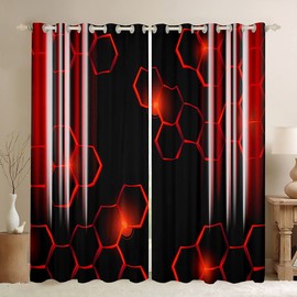 jejeloiu Honeycomb Curtains (2 Panels, 38 x 54 Inch) Modern Geometry Hexagon Theme Red Blackout Curtains Room Geometry Strip Lines Darkening Dreapes Modern Gradient Black Red Window Treatments