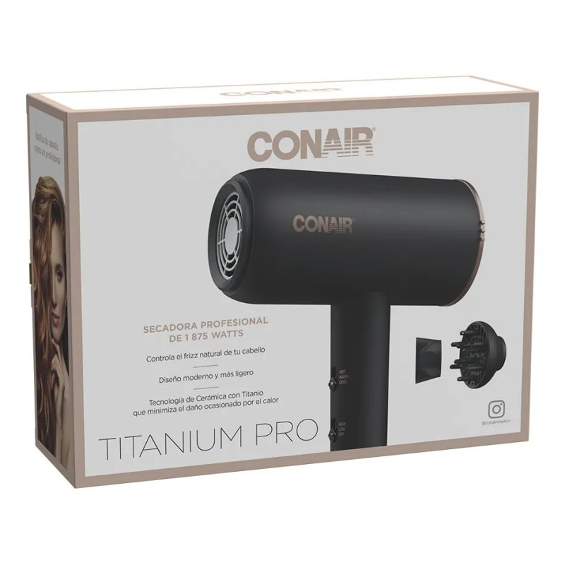 Secadora Cabello Conair Cerámica Titanio Iones Compacta Pelo Color Negro