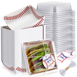 Tioncy 50 Pack Baseball Charcuterie Boxes with Clear Lids and Ropes Cards Baseball Paper Charcuterie Box Disposable Food Containers Bakery Boards Accessories for Party Supplies Cookie Snack