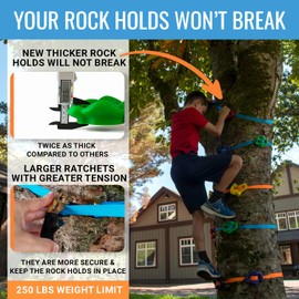 Ninja Tree Climbing Kit – 16 Large Rock Climbing Holds & 8 Ratchets, Quick 10-Minute Setup, Durable Textured Grips, Supports Up to 250lbs, Portable Carrying Bag, Backyard Fun for Kids