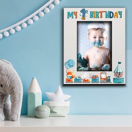 BELLA BUSTA-My 1st Birthday-Baby Boy, Baby Girl First Birthday-UV Print Wood Picture Frame (Boy, 5x7 Vertical)