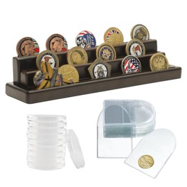 Military Coin Display Holder,Wooden Display Stand,4 Row Army Coin Case for Desk,Holders Set with Plastic Storage Bags and Storage Boxes,Brown