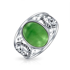 Boho Bali Oval Cabochon Dyed Green Jade Rope Scroll Filigree Statement Band Ring For Women .925 Sterling Silver August Birthstone