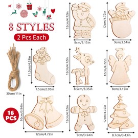 Vordpe Pack of 16 Wooden Christmas Decorations, DIY Christmas Decoration, Sock Snowman Elk Christmas Tree Angel for Painting and Decorating