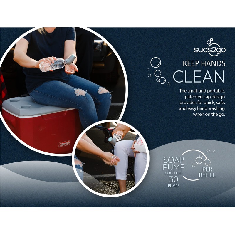 Suds2go Water Bottle Wash Refillable Caps 2-Pack, Portable Hand Washing