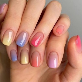 24Pcs Short Press on Nails French Tip Fake Nails Gradient Rainbow Acrylic Nails Full Cover Glue on Nails Colorful Coffin False Nails Glossy Stick on Nails Rainbow Artificial Nails for Women Girls