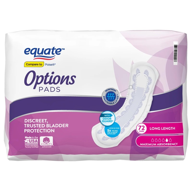 Equate Options Women's Incontinence Pads, Maximum Absorbency, Long Length (72